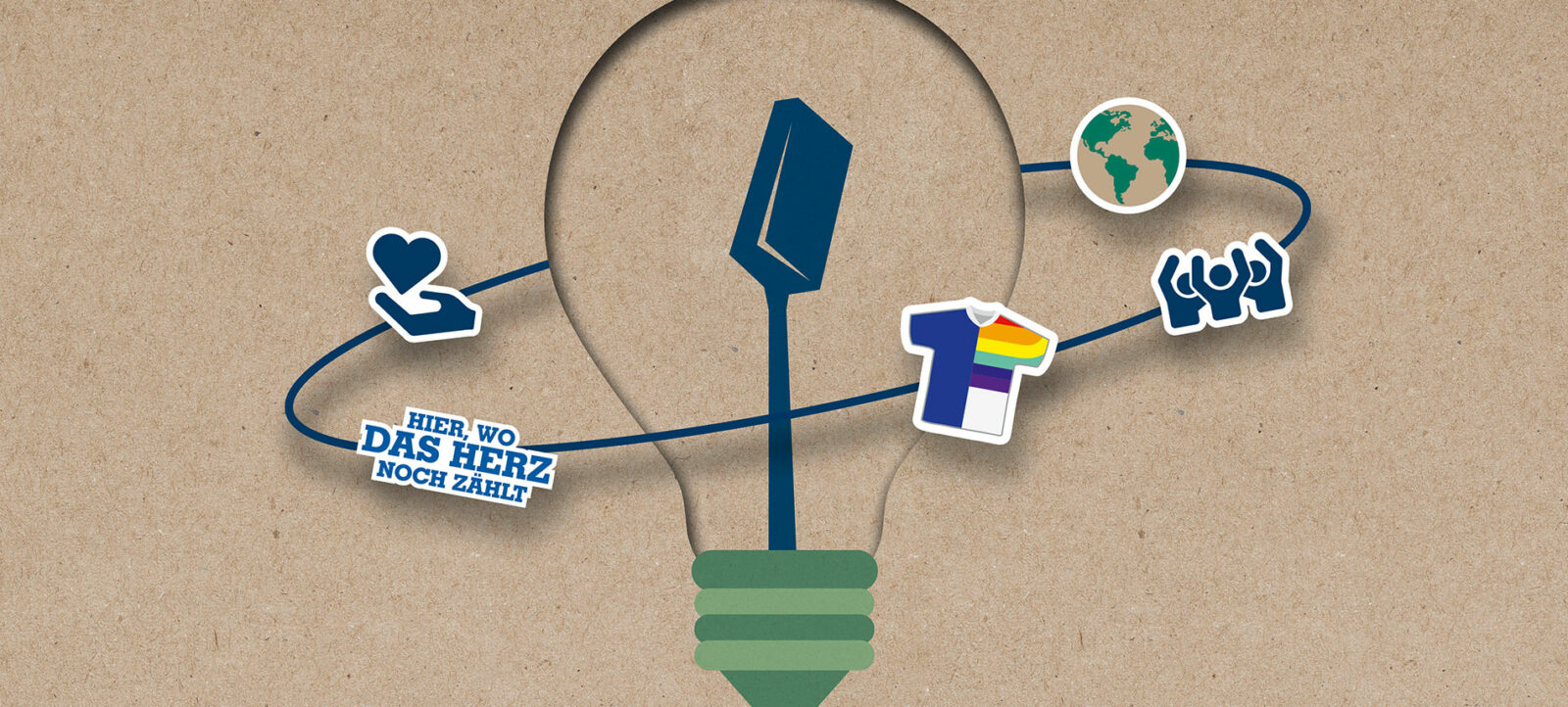 Ein Glühbirnen-Icon mit verschiedenen Symbolen, die mit blauen Linien verbunden sind. Die Symbole stellen ein Herz, einen Fußballtrikot, eine Weltkugel und zwei Hände dar, die sich berühren. Im Inneren der Glühbirne steht der Text "Hier, wo das Herz noch zählt". Das Bild vermittelt die Idee von Nachhaltigkeit und sozialer Verantwortung im Fußball.