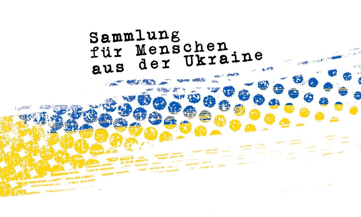 Ein grafisches Design mit blauen und gelben Mustern, das an die Flagge der Ukraine erinnert. Im Hintergrund steht der Text 'Sammlung für Menschen aus der Ukraine' in schwarzer Schrift.