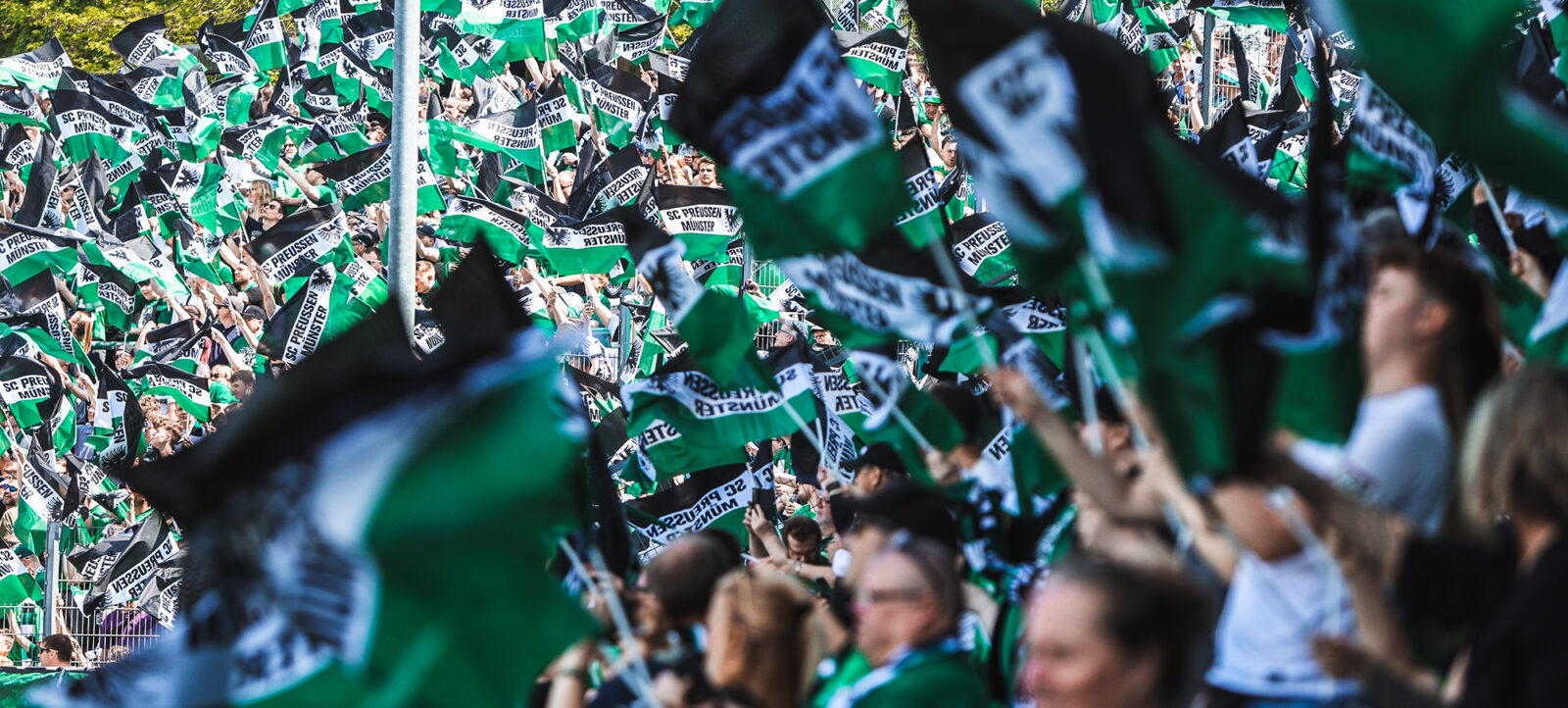 Eine Menschenmenge bei einem Fußballspiel, die grüne und schwarze Schals schwenkt. Die Fans sind begeistert und feiern, während sie ihre Unterstützung für das Team zeigen. Im Hintergrund sind Bäume und ein Teil des Stadions zu sehen.