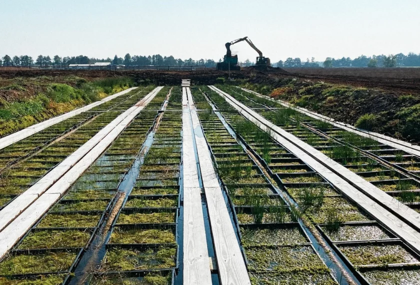 Ein Bild von einem Projekt des VFL Wolfsburg in Zusammenarbeit mit dem NABU. Im Vordergrund sind mehrere parallel verlaufende Holzstege zu sehen, die über ein feuchtes Gebiet führen. Im Hintergrund ist ein Bagger zu erkennen, der wahrscheinlich an der Gestaltung oder Instandhaltung des Gebietes arbeitet. Das Bild zeigt eine naturnahe Landschaft mit Gras und kleinen Pflanzen, die zwischen den Stegen wachsen.