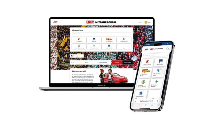 Ein Laptop und ein Smartphone zeigen die Webseite des Mitfahrportals der Bundesliga. Auf der Seite können Fans ihre Teams auswählen und Mitfahrgelegenheiten für Spiele finden.