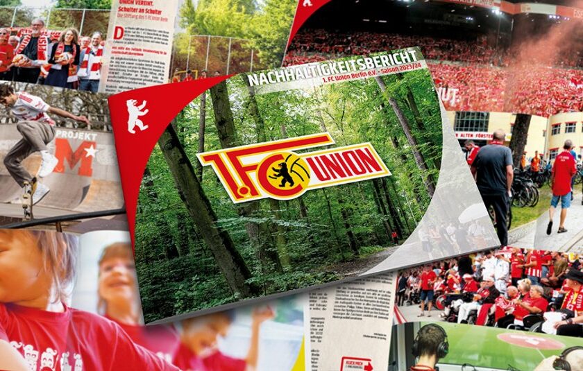 Collage aus verschiedenen Bildern, die Nachhaltigkeitsprojekte des 1. FC Union Berlin zeigen. Die Bilder umfassen eine Gruppe von Menschen in roten T-Shirts, einen Skater auf einem Skateboard mit dem Projekt-Logo, ein Waldgebiet mit dem Logo des 1. FC Union Berlin und dem Text "Nachhaltigkeitsbericht", Fans im Stadion, eine Person, die ein Fahrrad schiebt, und eine Gruppe von Menschen, die sich in einem Raum aufhalten.