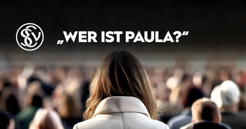 Eine Person mit langen Haaren und einem hellen Mantel steht vor einer Menschenmenge. Im Vordergrund ist ein Logo mit den Buchstaben 'E V' zu sehen. Darüber steht der Text 'WER IST PAULA?' in großen, weißen Buchstaben.
