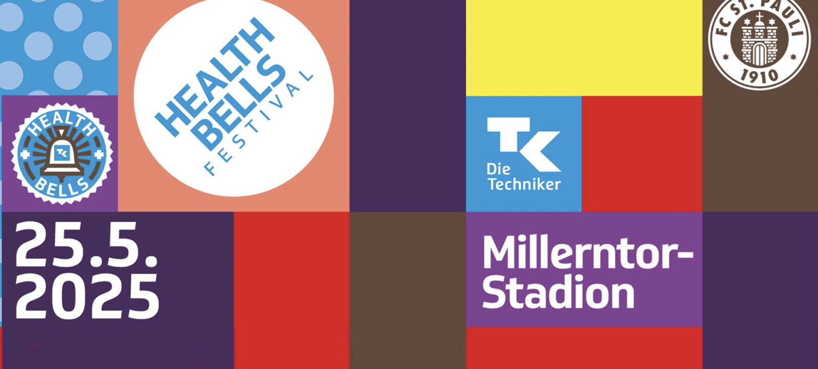 Buntes Plakat mit Informationen zum Health Bells Festival am 25.5.2025 im Millerntor-Stadion. Das Plakat zeigt Logos des FC St. Pauli, Health Bells und Die Techniker.