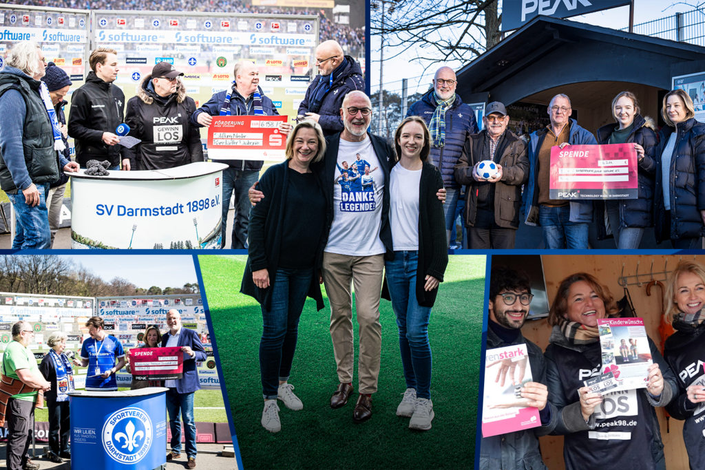 Gruppe von Menschen bei einer Spendenaktion im Stadion des SV Darmstadt 1898 e.V. Im Vordergrund stehen drei Personen lachend auf dem Rasen, während im Hintergrund weitere Personen mit Spendenboxen und Schildern zu sehen sind. Die Bilder zeigen verschiedene Szenen der Veranstaltung, bei der Spenden für einen guten Zweck gesammelt werden.