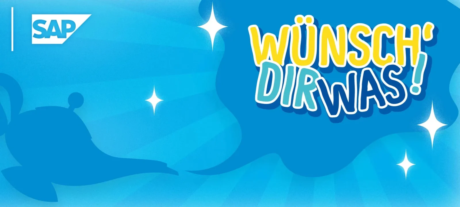 Buntes Grafikdesign mit blauem Hintergrund und glitzernden Sternen, das den Text 'Wünsch' dir was!' in gelben und blauen Buchstaben zeigt. Links oben ist das Logo von SAP zu sehen. Das Bild ist Teil einer Kampagne zum Weltkindertag in Zusammenarbeit mit TSG Hoffenheim.