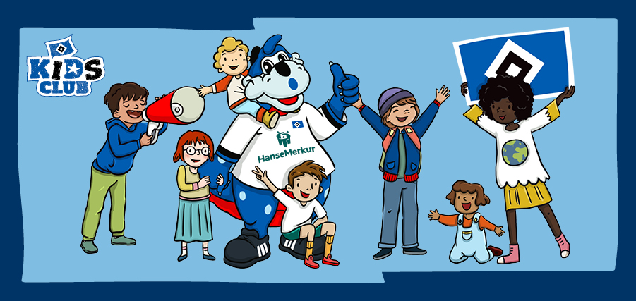 Eine Gruppe von Kindern und ein Hundemasottchen posieren vor blauem Hintergrund. Die Kinder halten Schilder und ein Megafon und wirken fröhlich. Das Hundemasottchen trägt ein Trikot mit dem Logo von HanseMerkur. Im Hintergrund ist das Logo des Kids Club zu sehen.