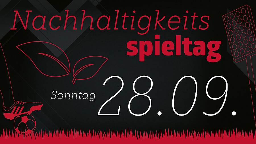 Plakat für den Nachhaltigkeitsspieltag am 28.09. mit rotem Fußballschuh, Blattmotiv und Flutlicht im Hintergrund.
