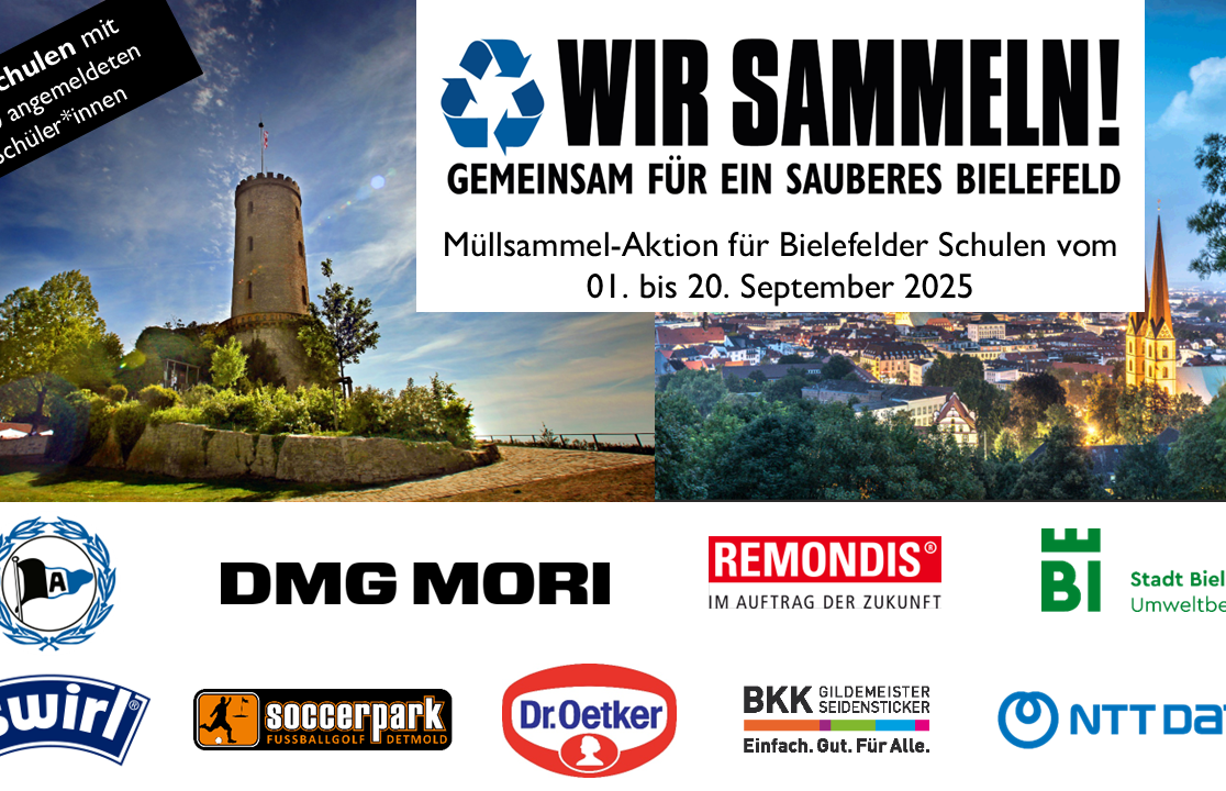 Plakat für eine Müllsammel-Aktion in Bielefeld. Der Text auf dem Plakat lautet: 'WIR SAMMELN! GMEINSAM FÜR EIN SAUBERES BIELEFELD. Müllsammel-Aktion für Bielefelder Schulen vom 01. bis 20. September 2025.' Das Plakat zeigt ein Bild des Bielefelder Turms und der Stadt bei Nacht. Unterstützende Logos von DMG MORI, REMONDIS, Stadt Bielefeld Umweltbetrieb, BKK Gildemeister Seidensticker, Dr. Oetker, Soccerpark Fußballgolf Detmold, NTT Data und Wir! sind ebenfalls abgebildet.