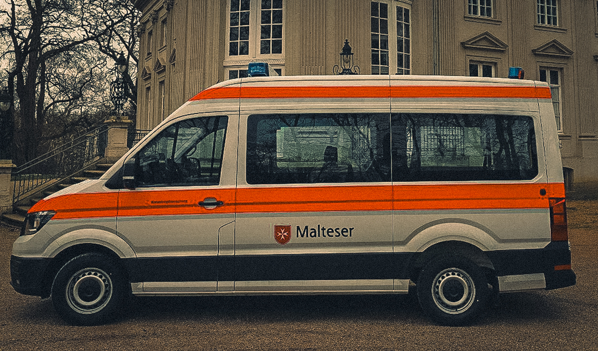 Ein weißer und orangefarbener Versorgungsbus des Malteser Hilfsdienstes steht vor einem historischen Gebäude. Der Bus hat ein Logo mit einem roten Malteserkreuz und den Schriftzug "Malteser" auf der Seite.