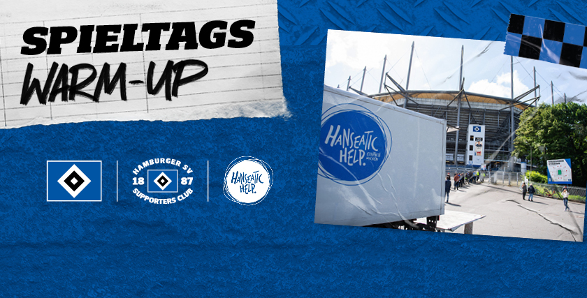 Bild zeigt eine Aktion namens 'Spieltags Warm-Up' mit dem Hamburger SV und dem Supporters Club. Im Vordergrund sind die Logos der beteiligten Organisationen zu sehen. Im Hintergrund ist ein Stadion mit einem großen Anhänger, der mit dem Logo 'Hanseatic Help' bedruckt ist, zu erkennen. Die Aktion scheint sich auf soziale oder gemeinnützige Initiativen zu konzentrieren.
