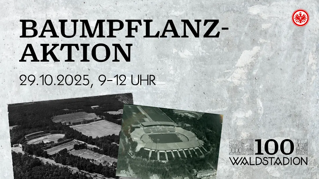Plakat zur Baumpflanzaktion im Waldstadion am 29.10.2025 von 9 bis 12 Uhr. Das Plakat zeigt zwei Luftaufnahmen des Waldstadions, einmal in schwarz-weiß und einmal in Farbe. Der Text '100 Waldstadion' ist ebenfalls zu sehen.