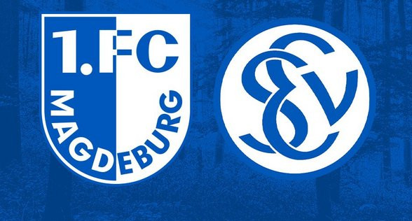 Logos des 1. FC Magdeburg und des SV Elversberg auf blauem Hintergrund