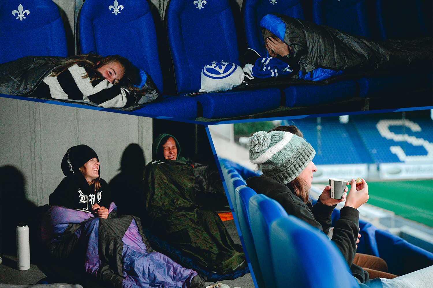 Menschen schlafen und entspannen sich in einem Stadion. Die Sitze sind blau mit einem Lilien-Logo. Eine Person hält eine Tasse und ein Snack, während andere in Schlafsäcken liegen.