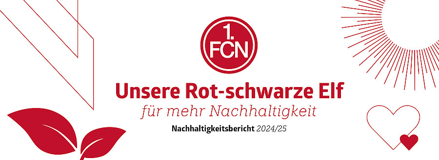 Banner des 1. FC Nürnberg mit dem Logo des Vereins und dem Text 'Unsere Rot-schwarze Elf für mehr Nachhaltigkeit'. Darunter steht 'Nachhaltigkeitsbericht 2024/25'. Das Design enthält grafische Elemente wie Blätter, ein Herz und Strahlen, die auf Nachhaltigkeit und Engagement hinweisen.