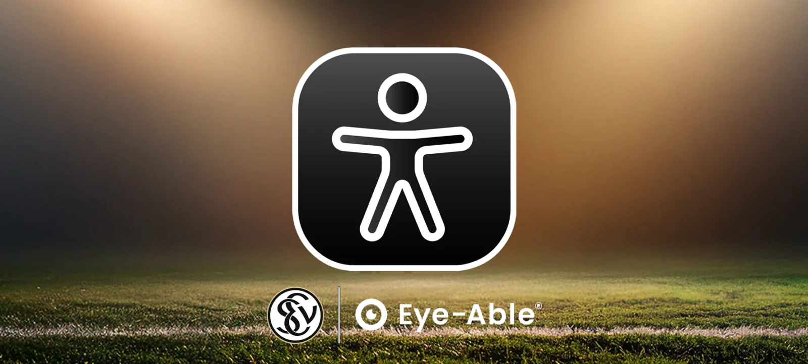 Ein schwarzes Quadrat mit einem weißen Symbol eines Menschen, der eine andere Person trägt, darauf. Im Vordergrund befindet sich ein Fußballfeld mit beleuchteten Flutlichtscheinwerfern im Hintergrund. Das Logo der DFL und der Text 'Eye-Able' sind unten im Bild zu sehen.