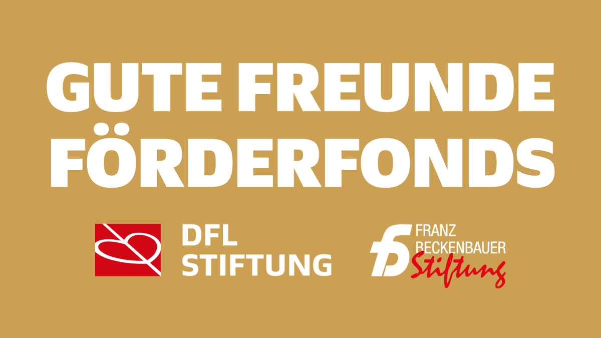 Gelbe Grafik mit weißer Schrift, die den Text 'Gute Freunde Förderfonds' in zwei Zeilen anzeigt. Darunter sind die Logos der DFL Stiftung und der Franz Beckenbauer Stiftung zu sehen.