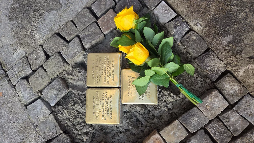 Stolpersteine mit den Namen "Wolf Littmann" und "Bernhard Littmann" auf einem Kopfsteinpflaster, dekoriert mit einer gelben Rose und grünen Blättern.