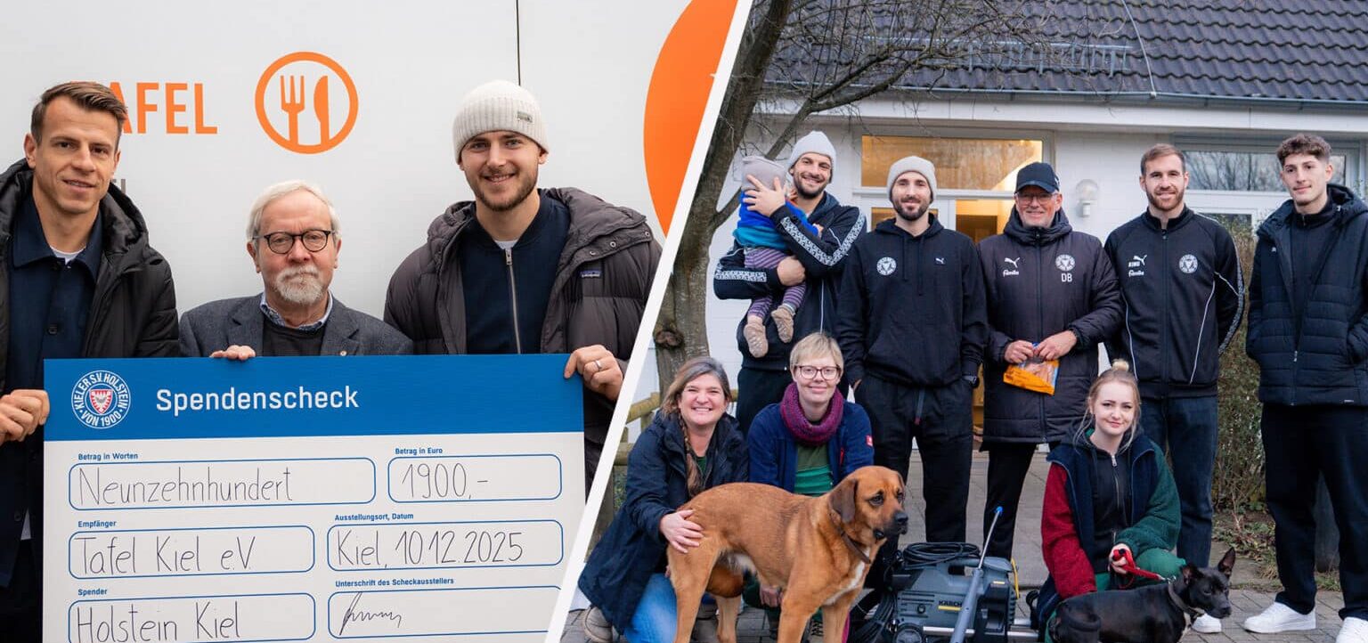 Eine Gruppe von Menschen, darunter Spieler des Vereins Holstein Kiel, überreichen einen Spendenscheck in Höhe von 1900 Euro an die Tafel Kiel e.V. vor dem Hintergrund eines Gebäudes mit dem Logo der Tafel. Die Gruppe besteht aus Erwachsenen und Kindern, einige halten Hunde an der Leine. Die Spieler tragen schwarze Jacken mit dem Vereinslogo, und alle lächeln für das Foto.