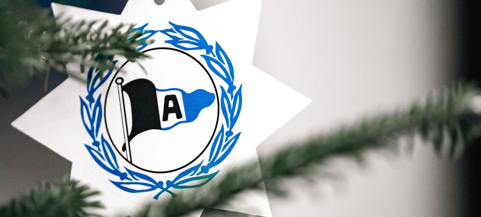 Ein weißer, sternförmiger Weihnachtsbaumschmuck mit dem Logo des Hamburger SV. Das Logo zeigt ein schwarzes und weißes Wappen mit einem blauen Lorbeerkranz und den Buchstaben "HSV".