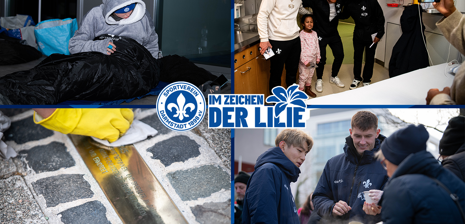Ein Bildcollage zeigt verschiedene Szenen von ehrenamtlichen Aktivitäten des SV Darmstadt 98. Oben links ist eine Person in einer grauen Kapuzenjacke zu sehen, die einem obdachlosen Menschen in einem Schlafsack eine Mahlzeit serviert. Oben rechts stehen mehrere Personen in einer Küche und lächeln in die Kamera, darunter auch ein Kind. Unten links hilft eine Person mit gelben Handschuhen, Essen an Bedürftige auszugeben. Unten rechts stehen zwei Personen in dunklen Jacken mit dem SV Darmstadt 98-Logo und halten Becher mit heißem Getränk. Im Vordergrund ist ein Schild mit dem Logo des SV Darmstadt 98 und dem Slogan "Im Zeichen der Lilie" zu sehen.